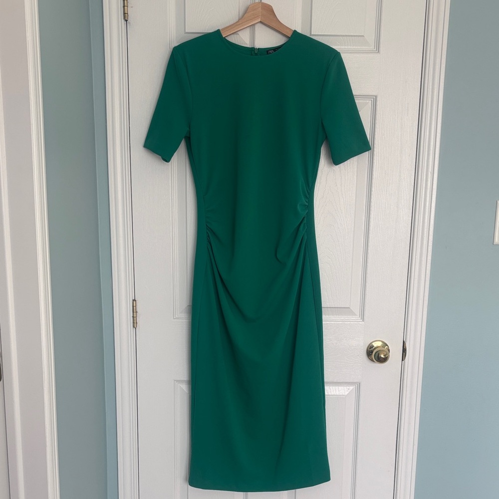 Zara ruched waist emerald green midi dress